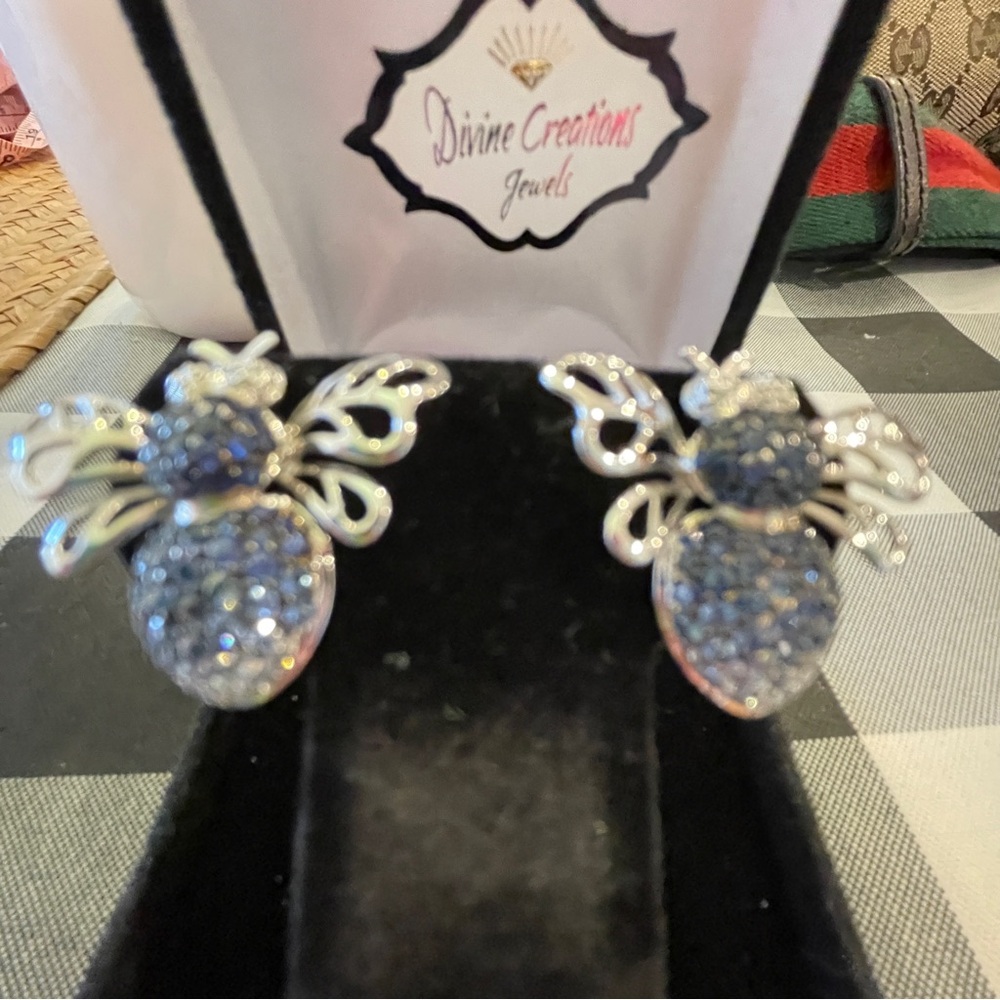 14k White Gold Bumble Bee Omega Earrings Blue Sapphire, Diamonds
